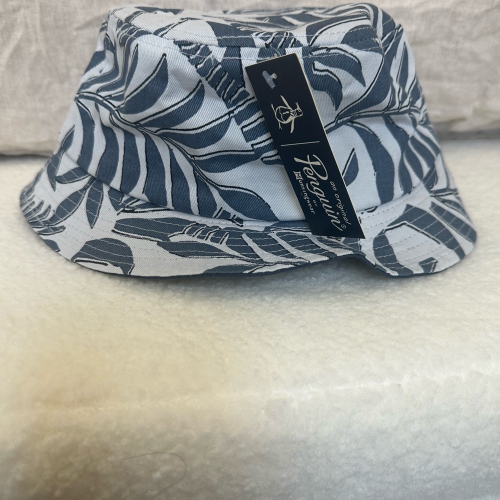 Original Penguin Blue and White Bucket Hat with Tropical Leaf Design